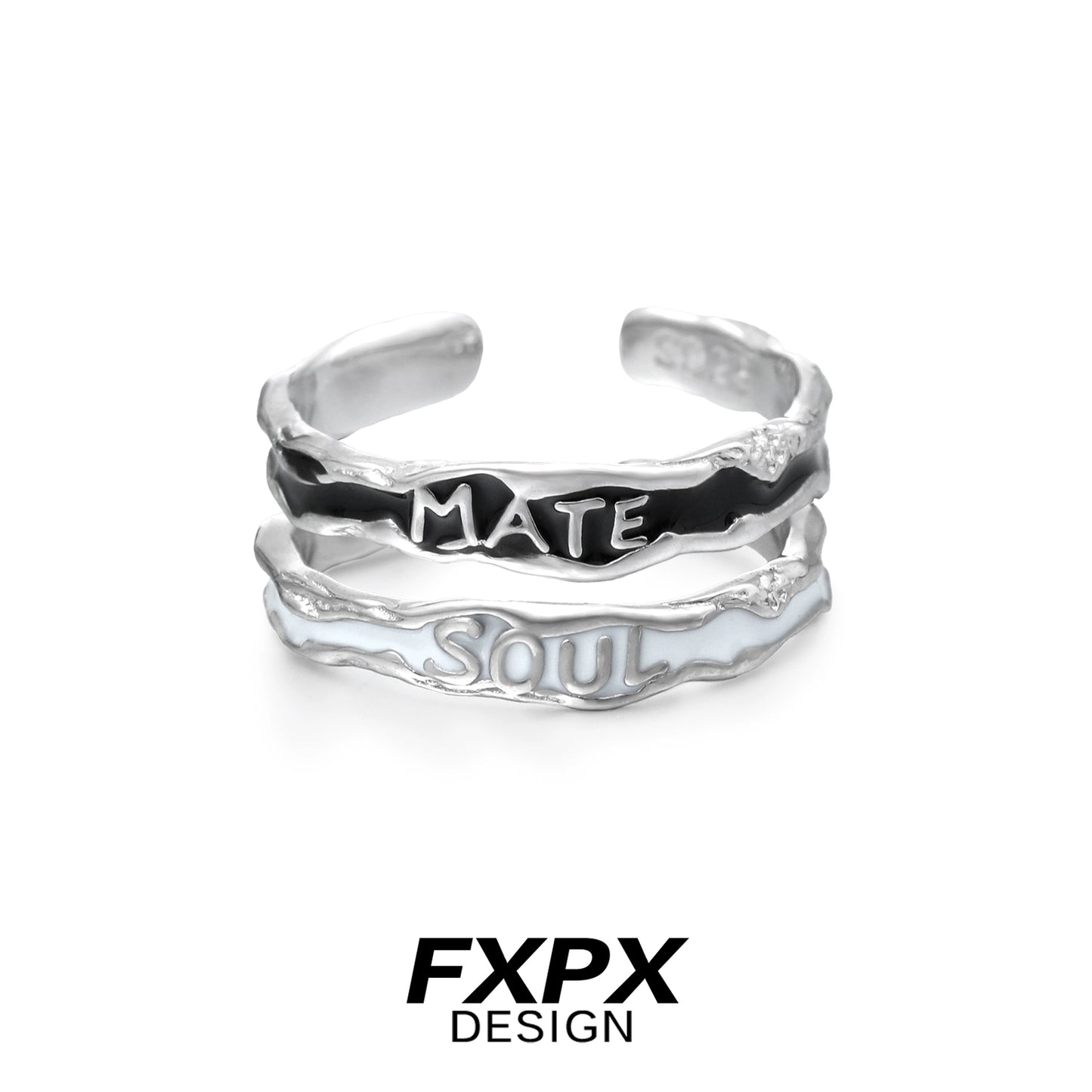 FXPX soulmate engraved ring featuring a unique wavy design and contrasting black and white text