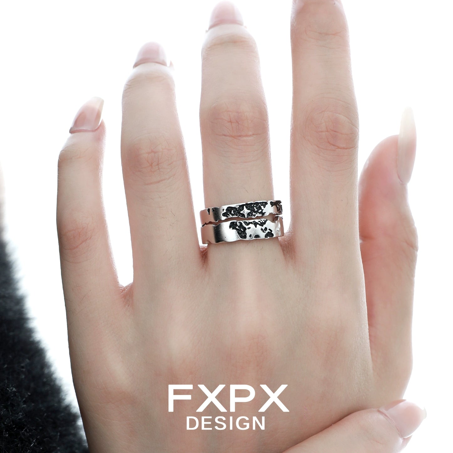FXPX star puzzle couple rings in silver with intricate design for matching lovers' jewelry
