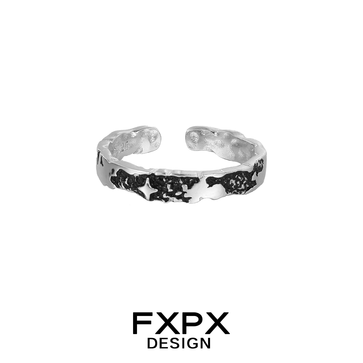 FXPX star puzzle couple rings in silver with a textured star design for matching partners
