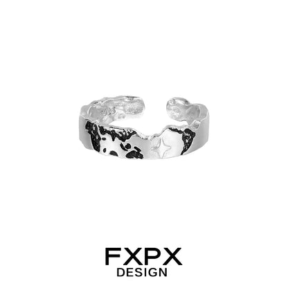 FXPX star puzzle couple rings in silver with unique textured design for matching lovers