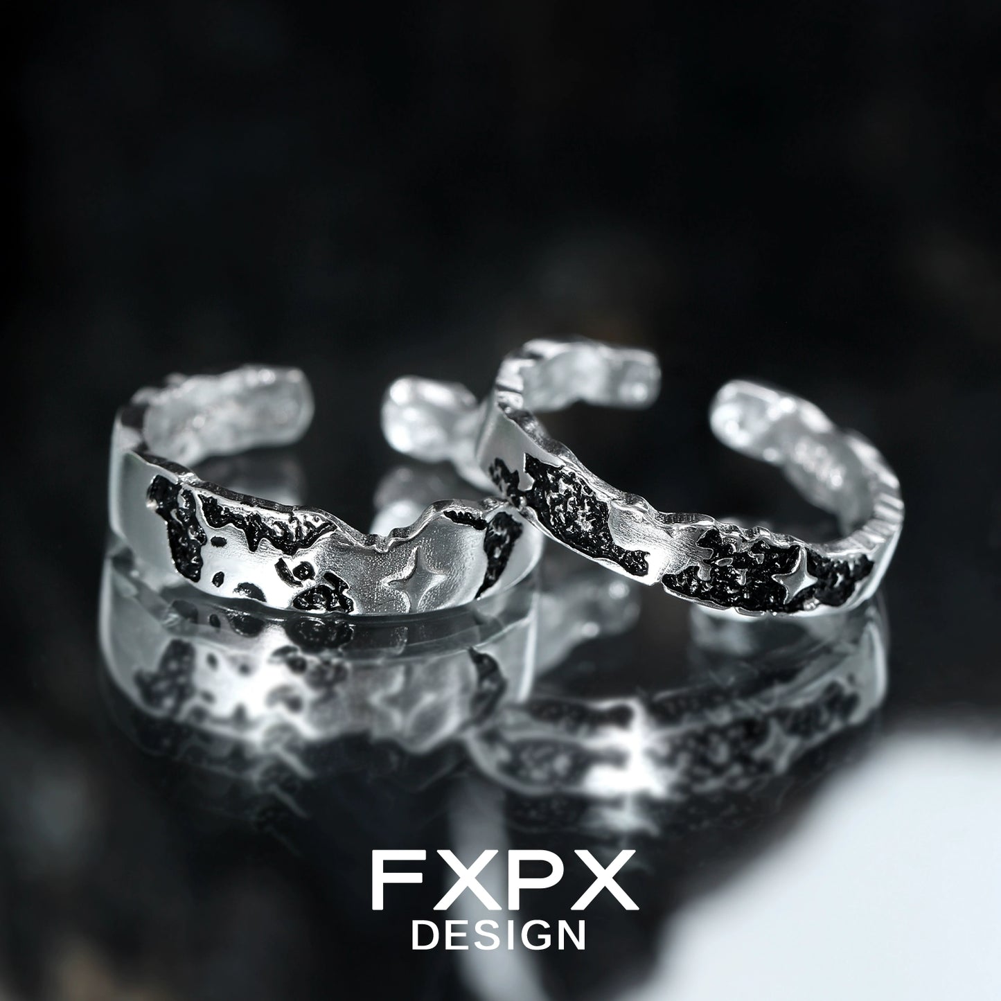 FXPX star puzzle couple rings in silver with unique textured design for romantic partners