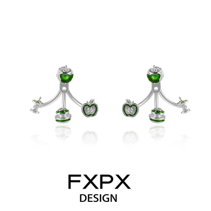 Sweet apple silver earrings with green apple charms and sparkling accents by FXPX