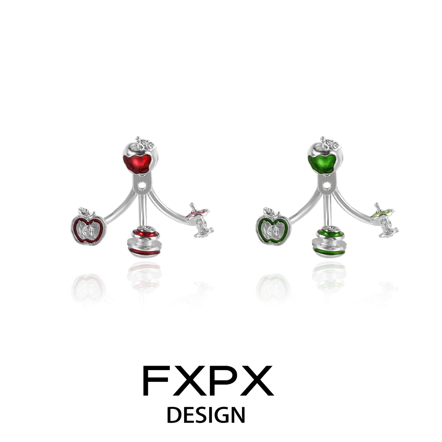 FXPX sweet apple silver earrings featuring red and green apple designs with sparkling details