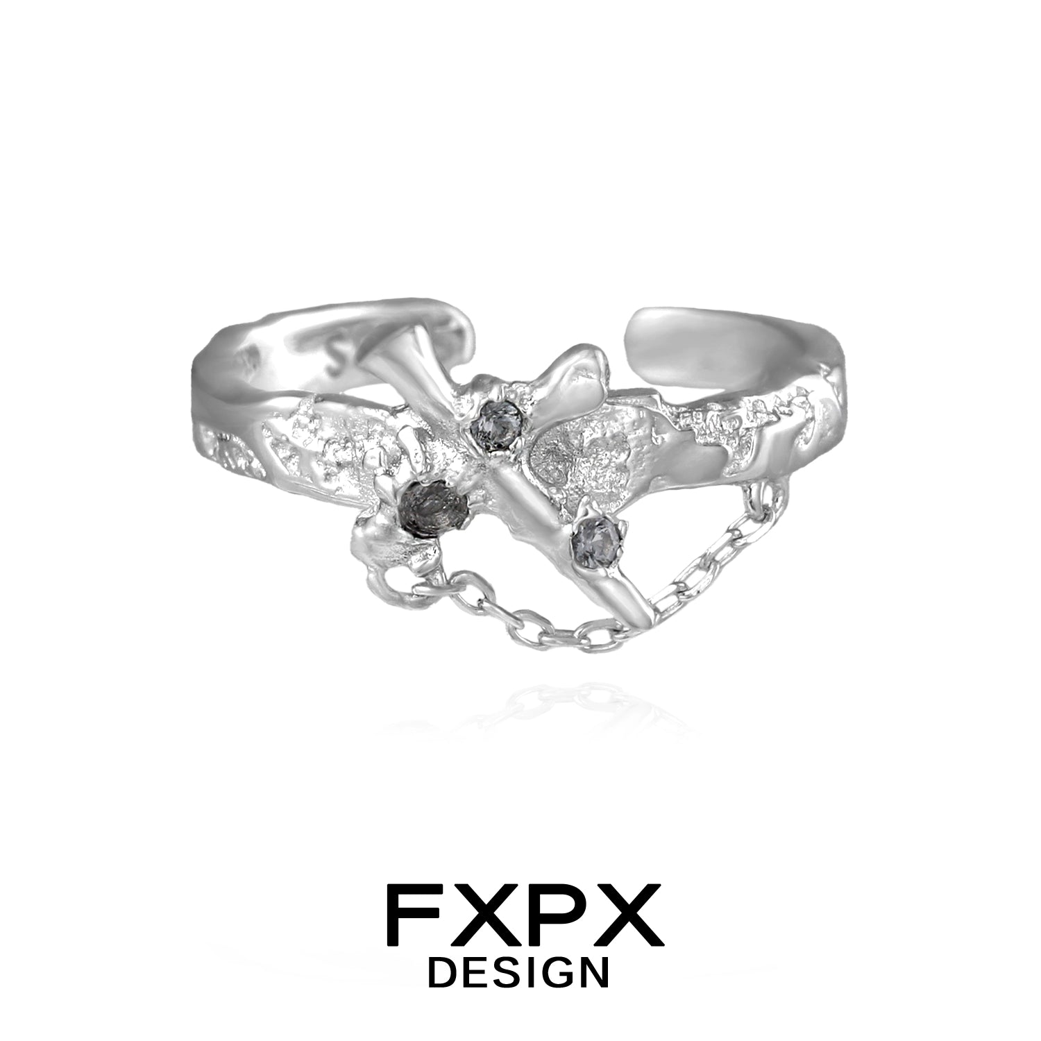 FXPX silver sword cross ring featuring intricate design and decorative stones
