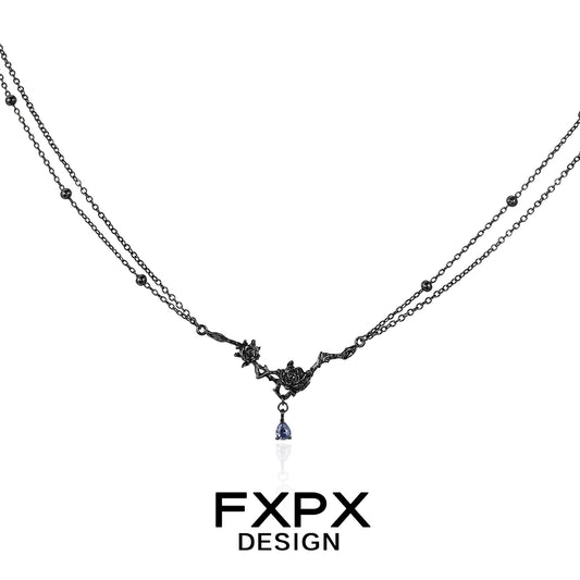 Elegant FXPX Tanzanian blue black rose necklace with layered chains and a dangling charm