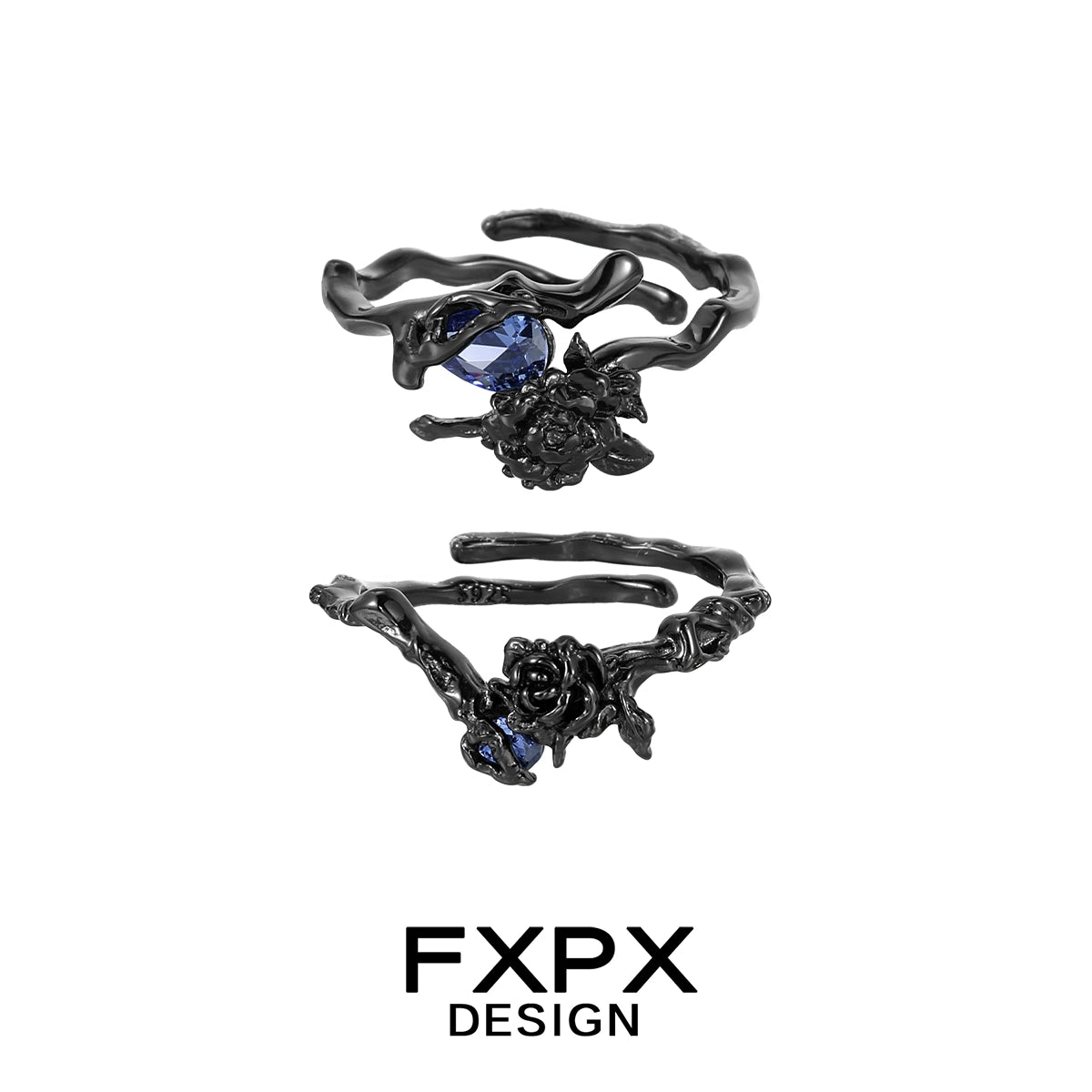 FXPX Tanzanian blue rose ring with a unique twisted design and blue gemstone accents