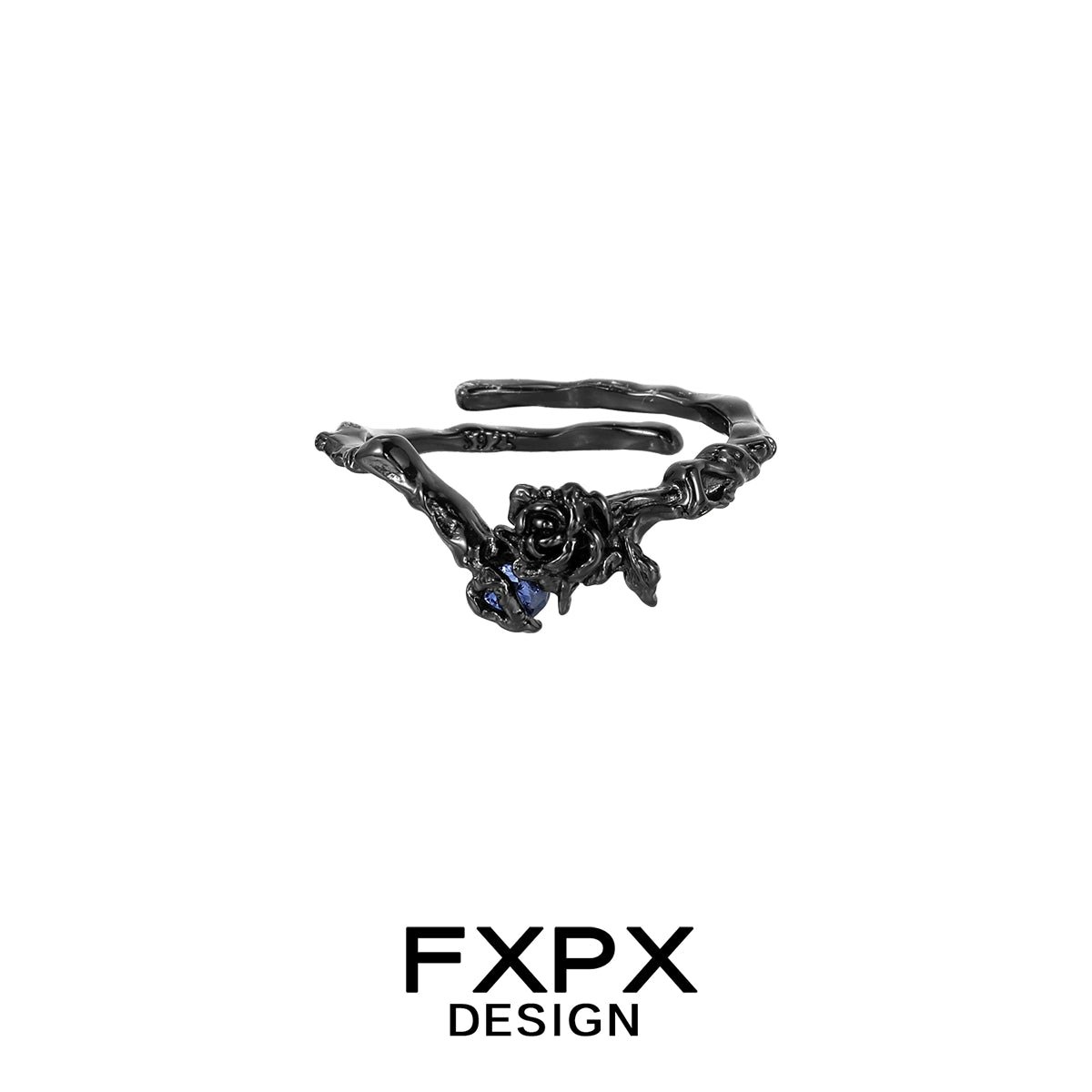 FXPX Tanzanian blue rose ring featuring a unique twisted band design and detailed rose motif