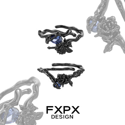 FXPX Tanzanian blue rose ring featuring a unique floral design and sparkling gemstone accents