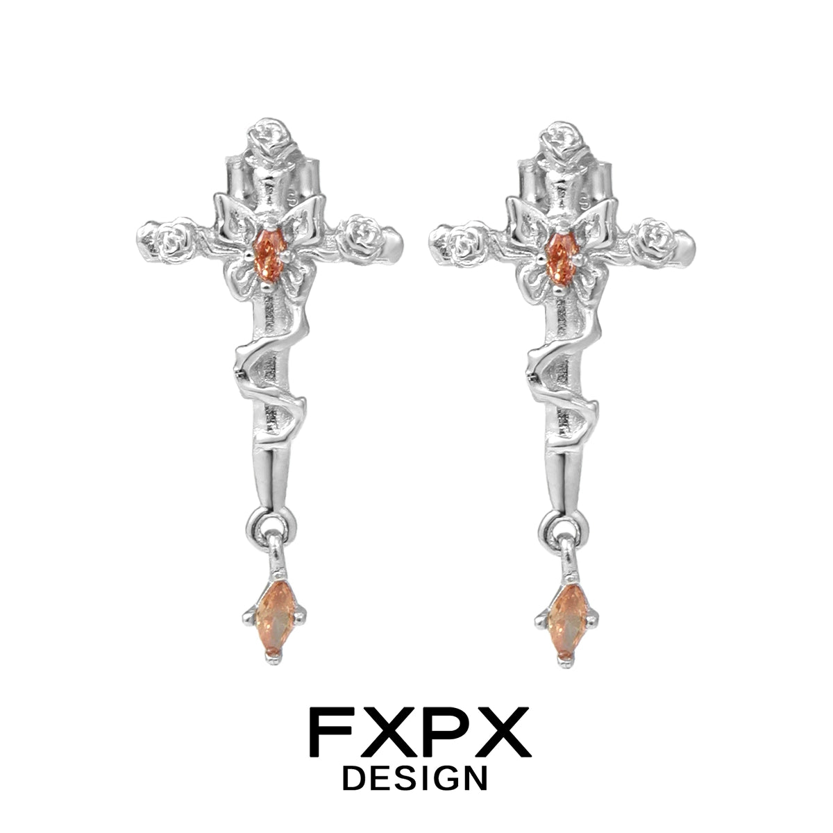 FXPX thorned butterfly cross earrings in silver with detailed floral design and hanging gemstone