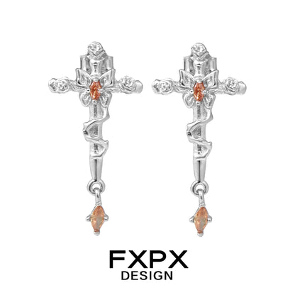 FXPX thorned butterfly cross earrings in silver with detailed floral design and hanging gemstone
