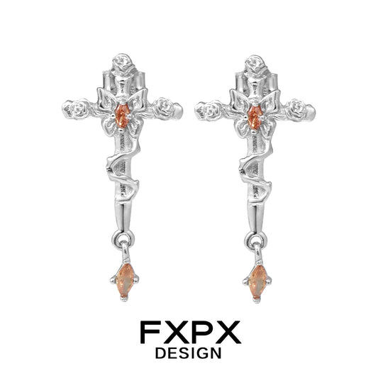 FXPX thorned butterfly cross earrings in silver with detailed floral design and hanging gemstone