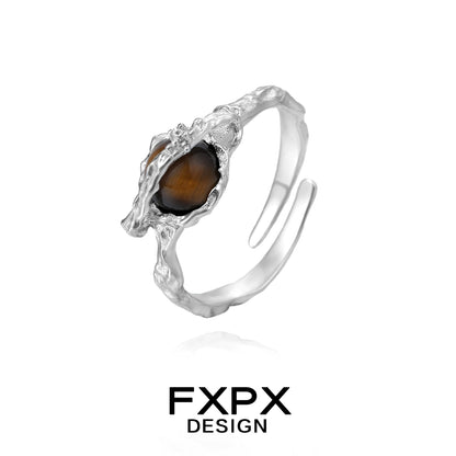 Unique FXPX tiger eye ring for women in silver, designed with a natural stone centerpiece