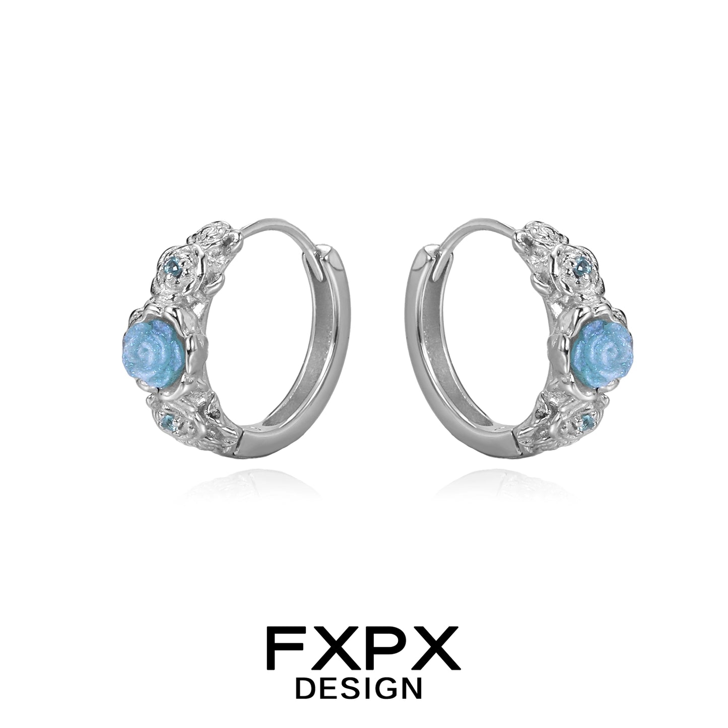 Elegant FXPX vintage blue rose earrings with floral design and sparkling accents