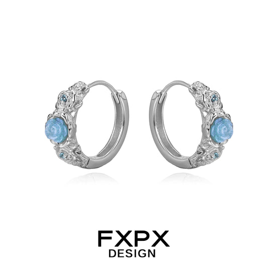 Elegant FXPX vintage blue rose earrings with floral design and sparkling accents