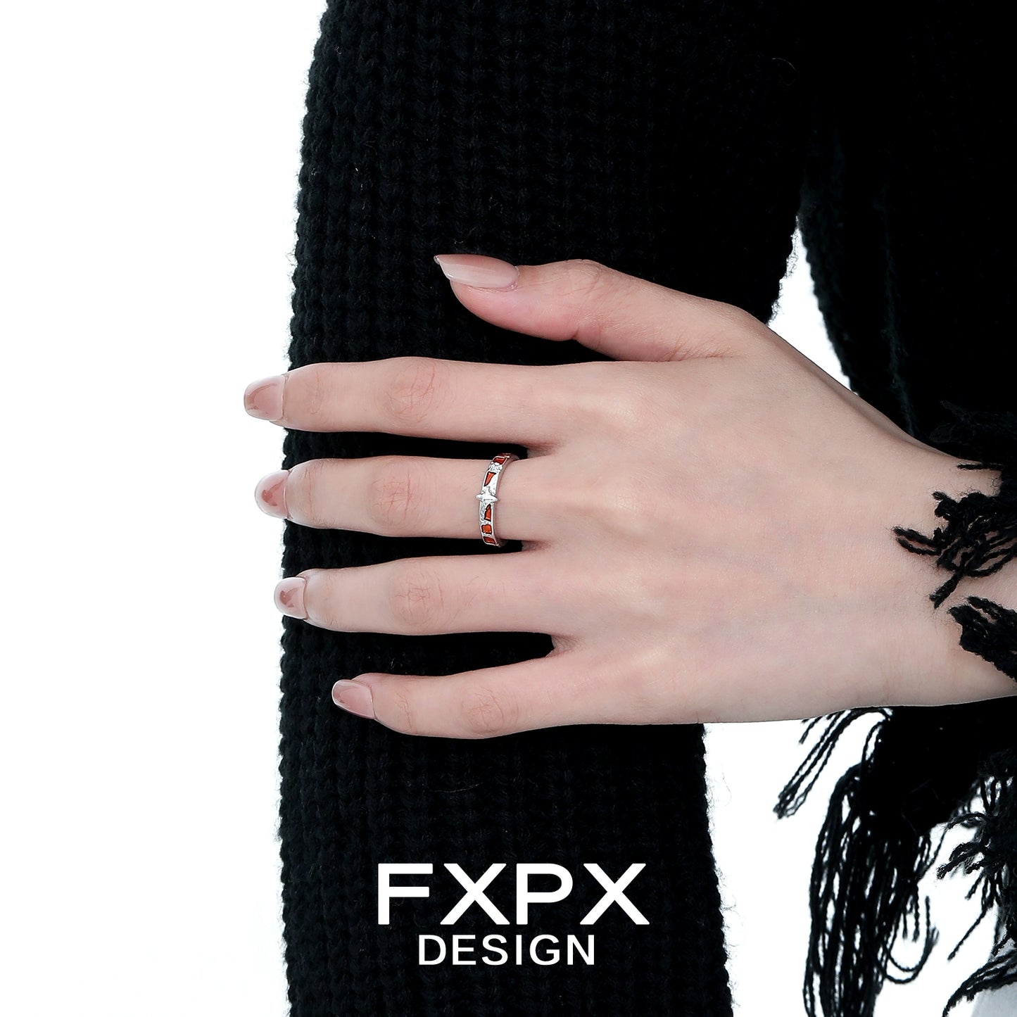 FXPX vintage checkerboard star ring displayed on a hand with intricate henna designs