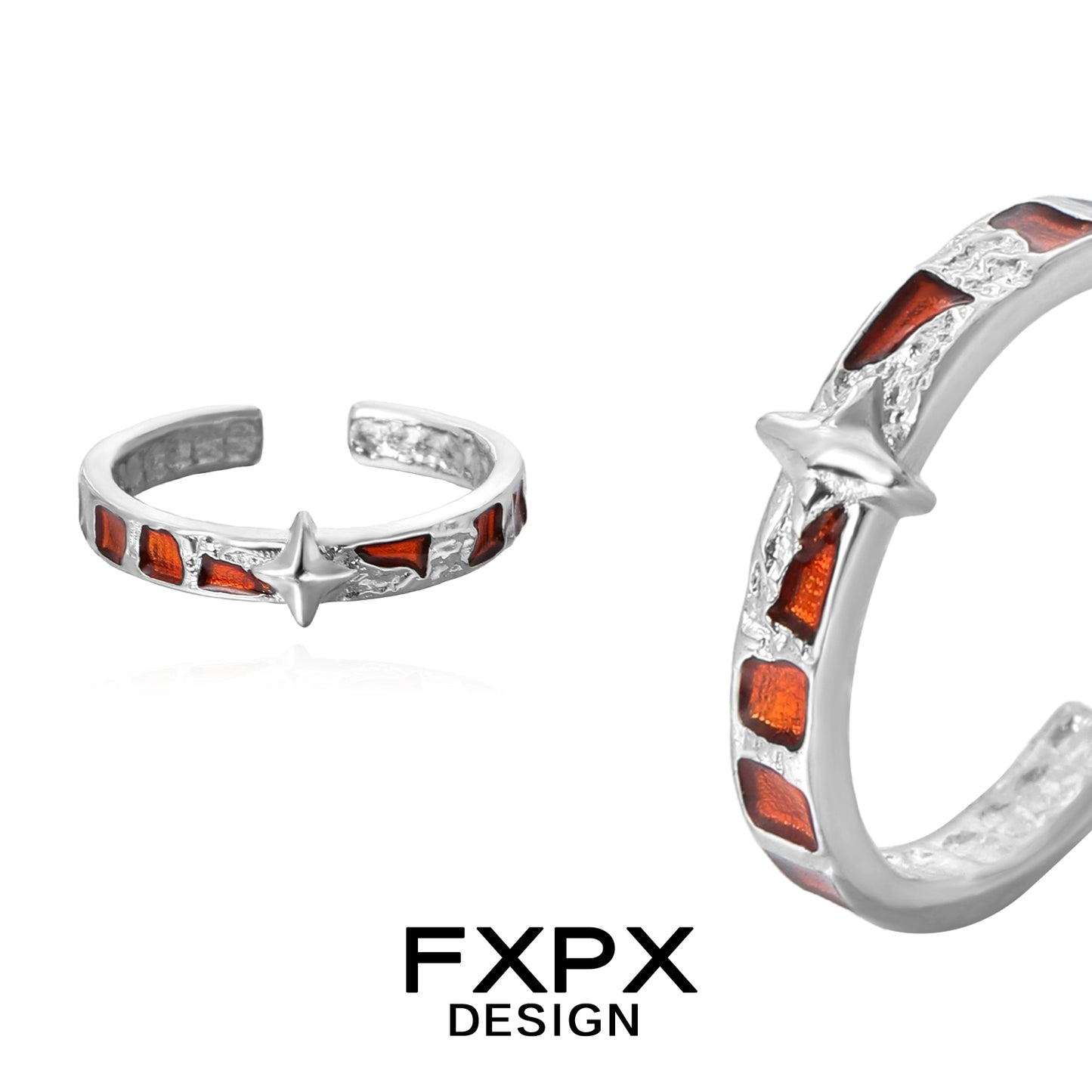 FXPX vintage checkerboard star ring in silver with orange and red accents for a unique, stylish look