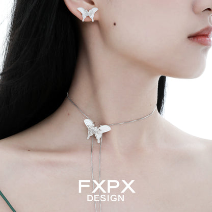 Elegant FXPX white shell butterfly earrings paired with a matching necklace for a stylish look