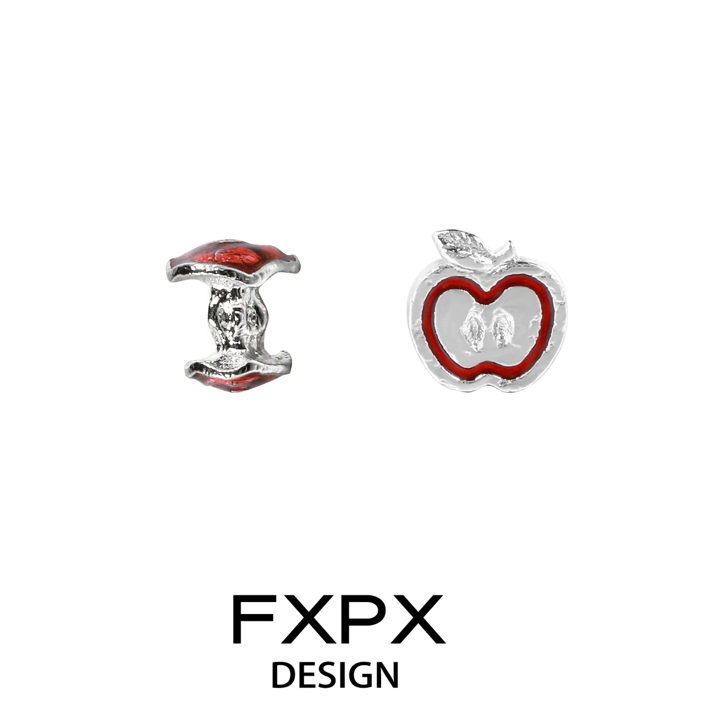 FXPX Y2K apple earrings featuring a glossy apple and bite design in silver and red