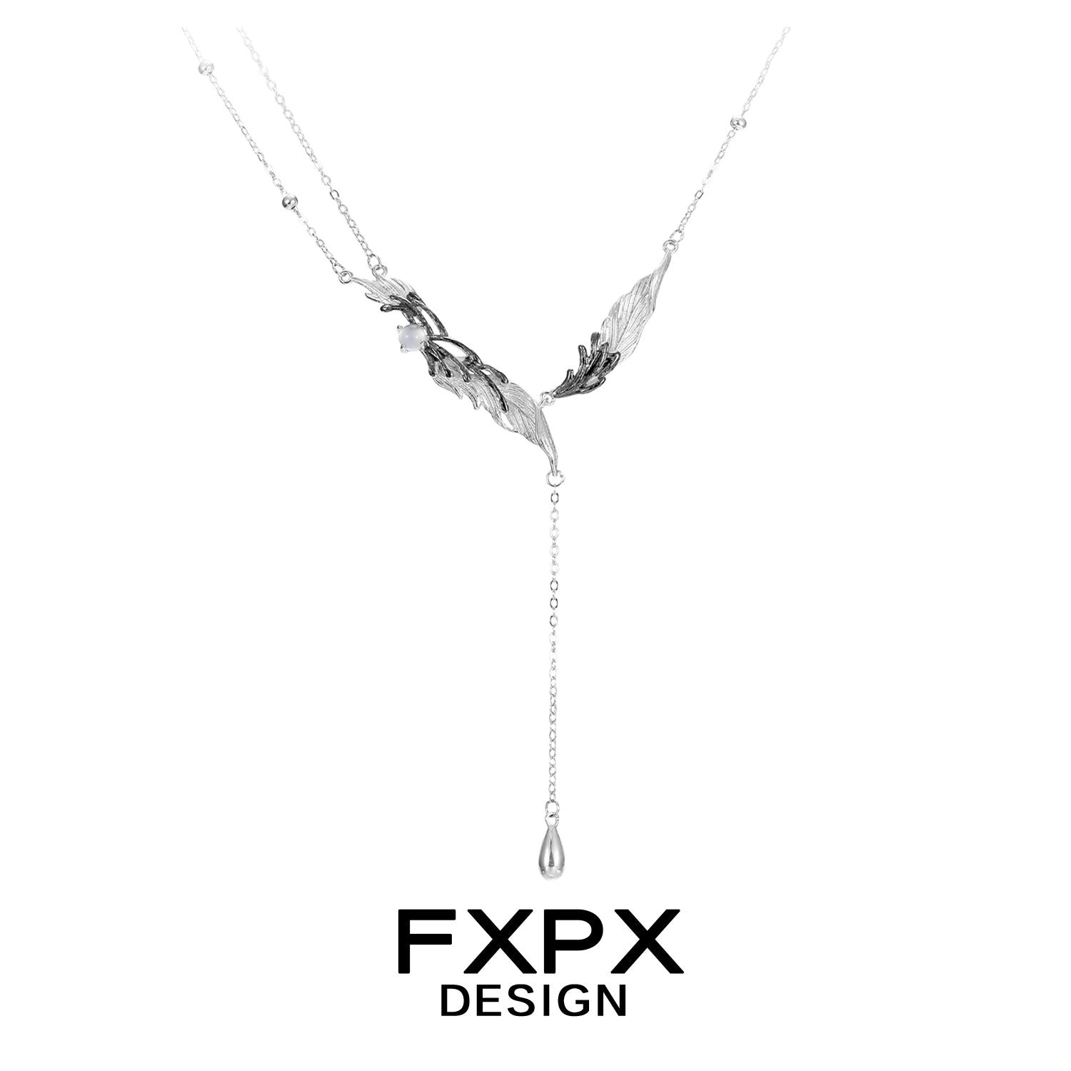 Stylish FXPX Y2K black feather necklace featuring elegant design and unique chain drop