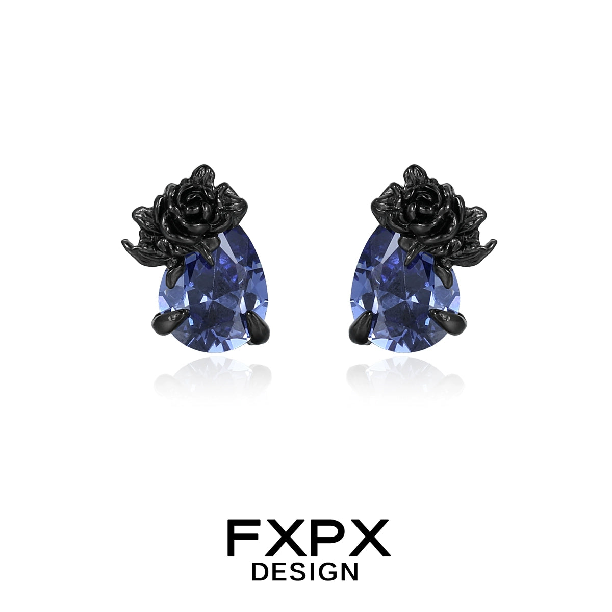 FXPX Y2K blue rose earrings featuring a black rose design and teardrop gemstones