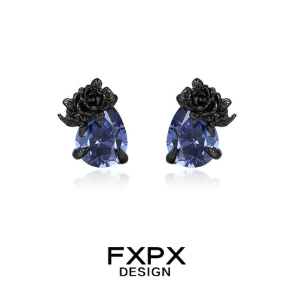 FXPX Y2K blue rose earrings featuring a unique black rose design and sparkling blue stones