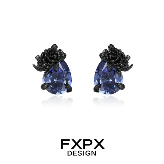 FXPX Y2K blue rose earrings featuring a unique black rose design and sparkling blue stones