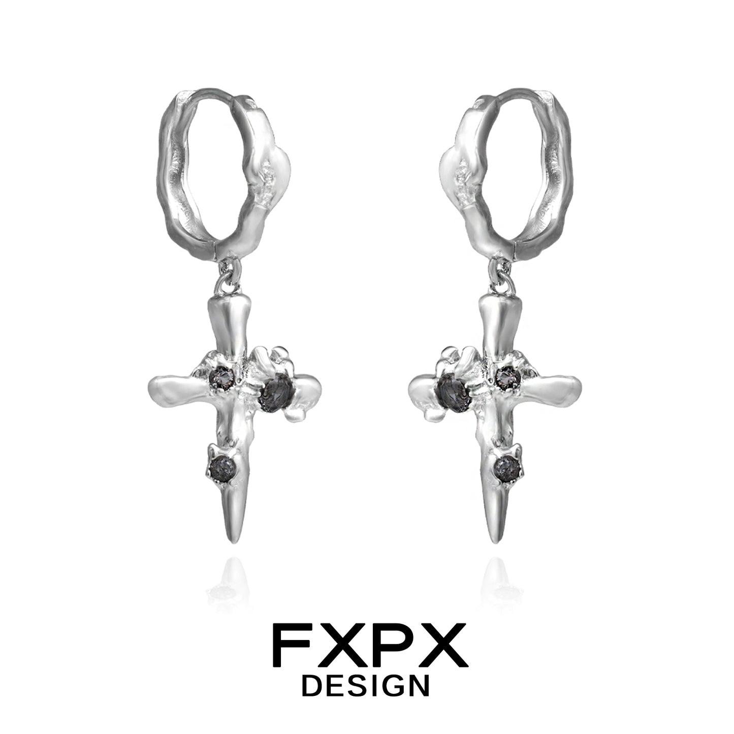 FXPX Y2K cross earrings in silver with unique design and sparkling accents for trendy outfits