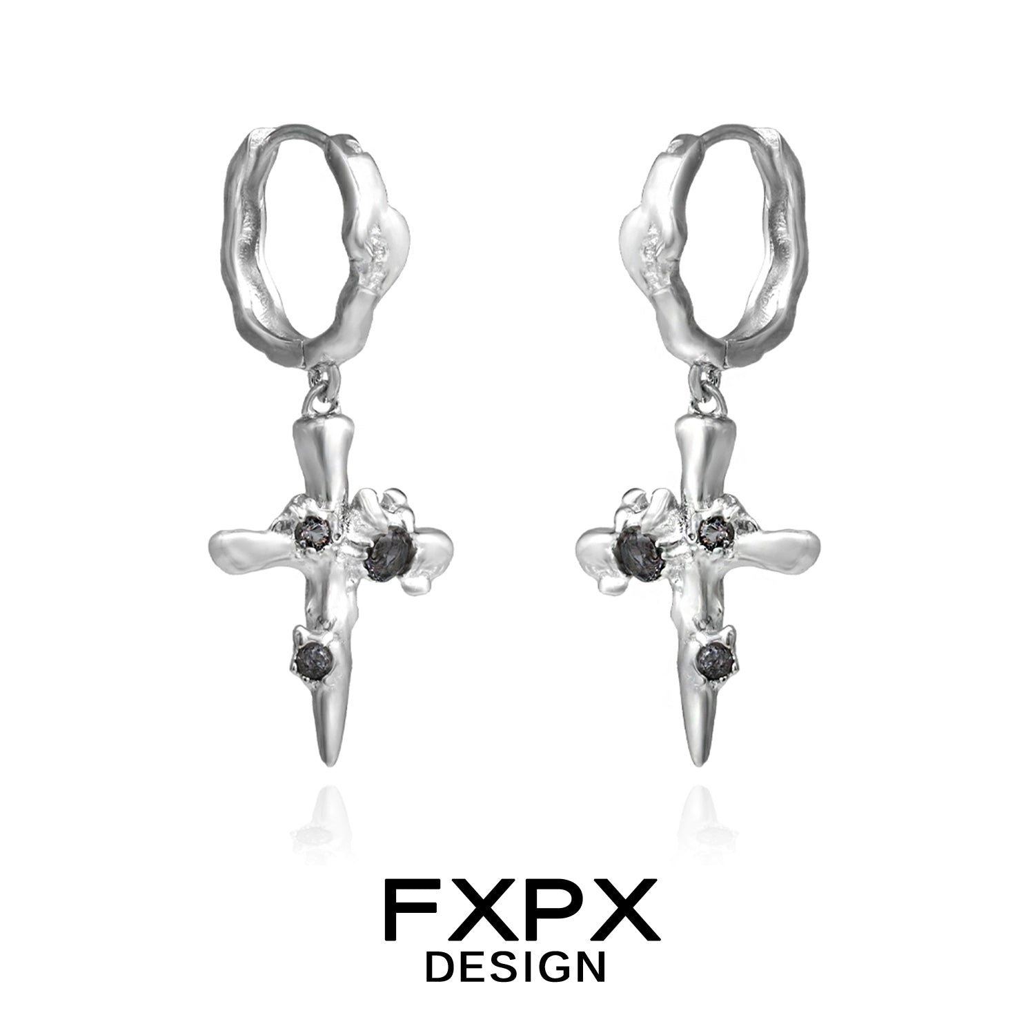 FXPX Y2K cross earrings in silver with unique design and sparkling accents for trendy outfits