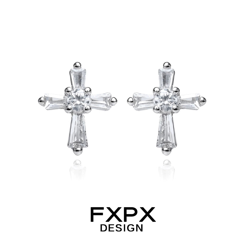 Stylish FXPX Y2K cross earrings featuring sparkling crystal details for a trendy look