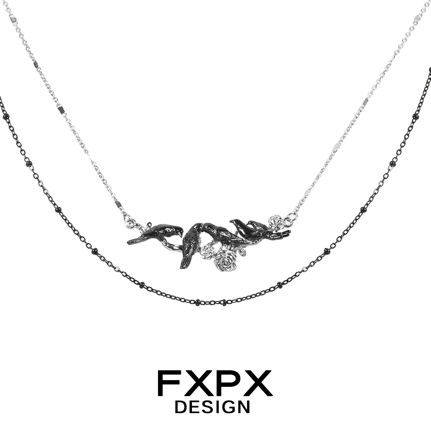FXPX Y2K crow pendant necklace featuring a stylish layered design with silver and black chains