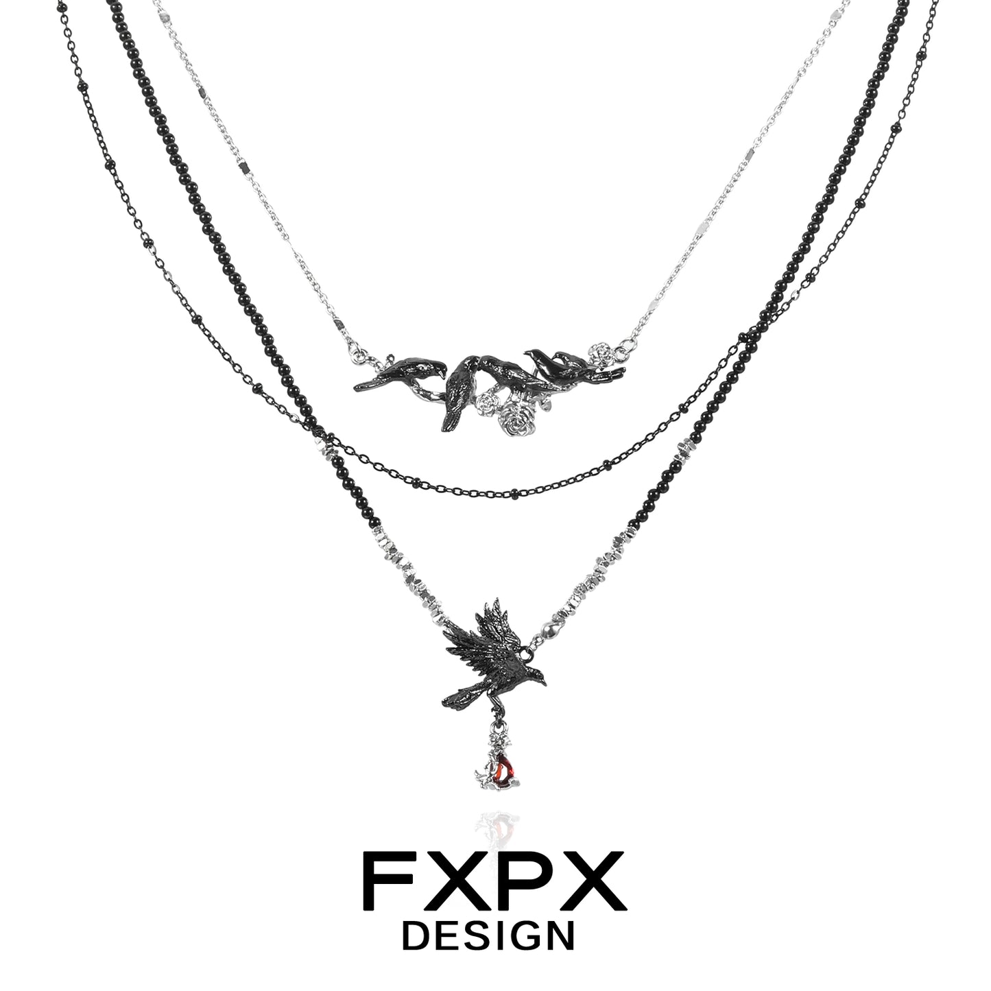 Y2K crow pendant necklace by FXPX featuring layered design with black and silver chains
