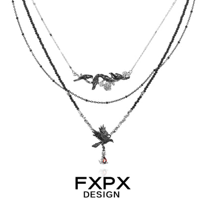Y2K crow pendant necklace by FXPX featuring layered design with black and silver chains