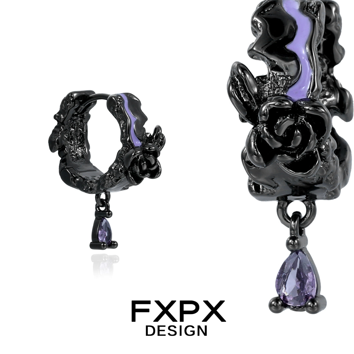 FXPX Y2K dark rose earrings featuring a unique design with purple accents and a drop pendant