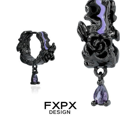 FXPX Y2K dark rose earrings featuring a unique design with purple accents and a dangling gem