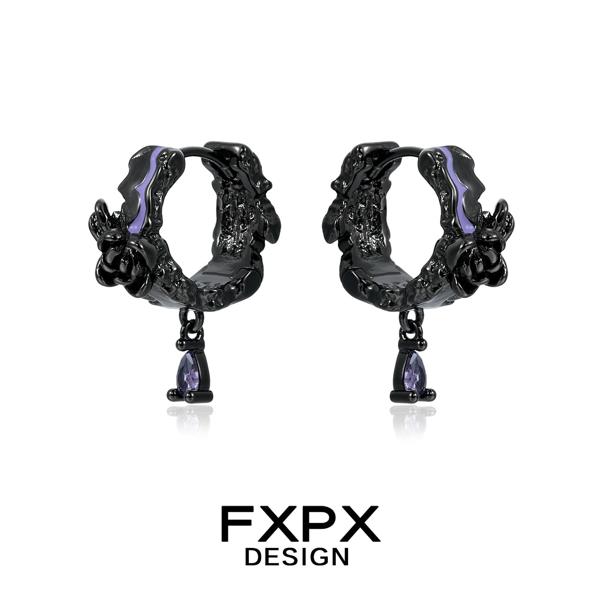 FXPX Y2K dark rose earrings with intricate floral design and purple gemstone detail