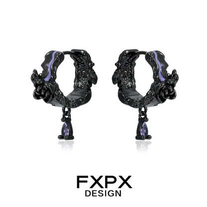 FXPX Y2K dark rose earrings with intricate floral design and purple gemstone detail