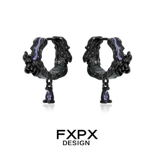 FXPX Y2K dark rose earrings with intricate floral design and purple gemstone detail