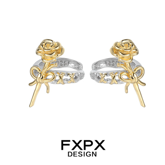 FXPX Y2K golden rose ear cuff featuring a delicate rose and bow design for a stylish look