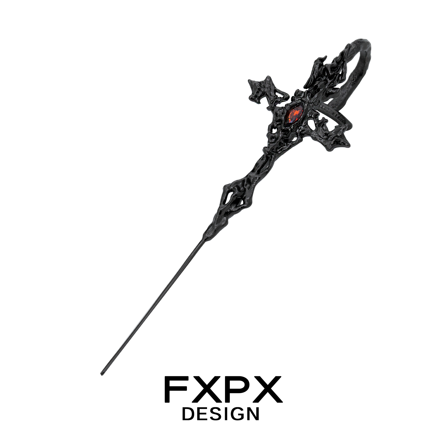 FXPX Y2K gothic cross earring with intricate black design and red gemstone accent