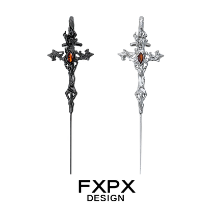 FXPX Y2K gothic cross earring in silver and black with intricate design and gemstone accents