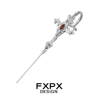 FXPX Y2K gothic cross earring in silver with a red gemstone detail for a bold statement