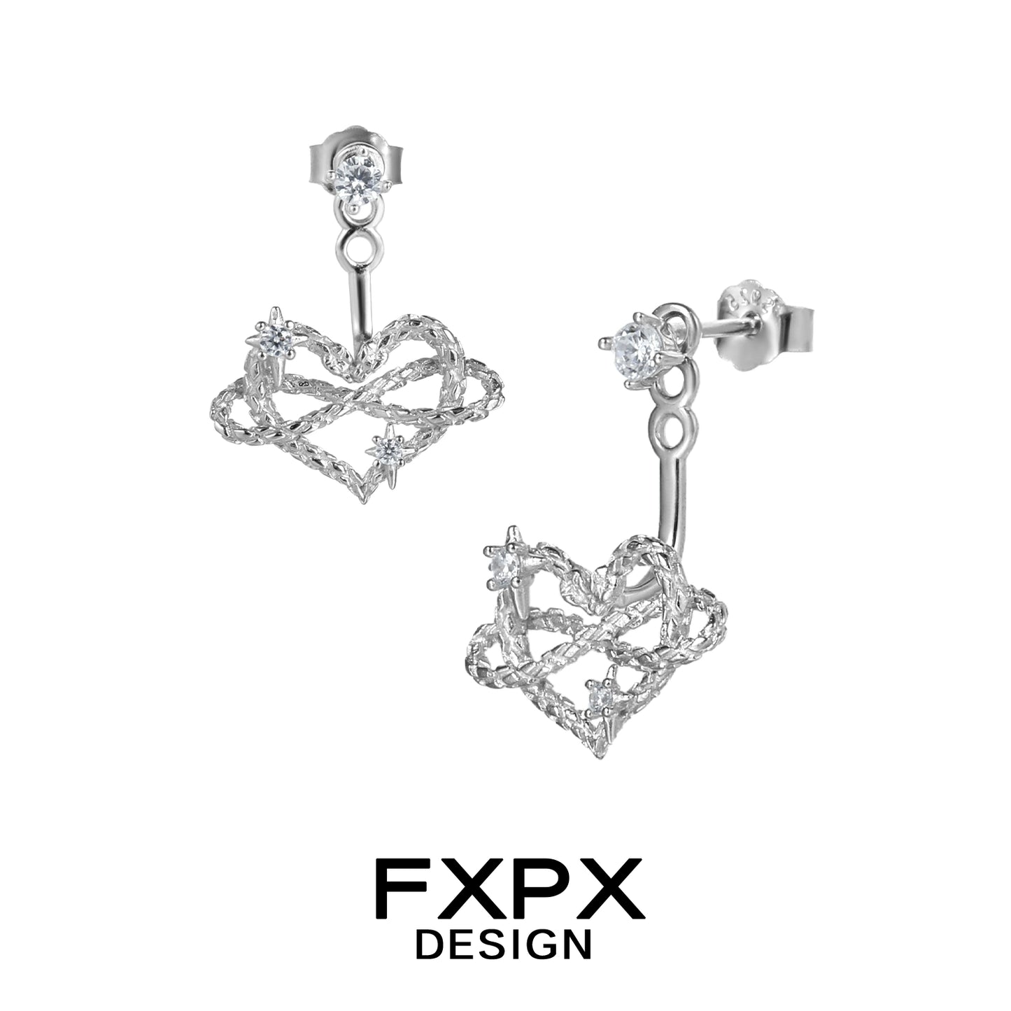 FXPX Y2K heart earrings with sparkling crystals and a unique twisted design