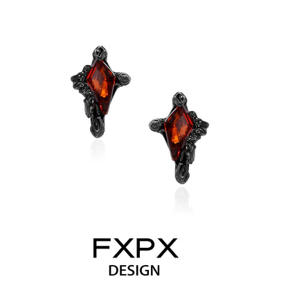Y2K orange stud earrings designed by FXPX with a unique diamond shape and intricate detailing