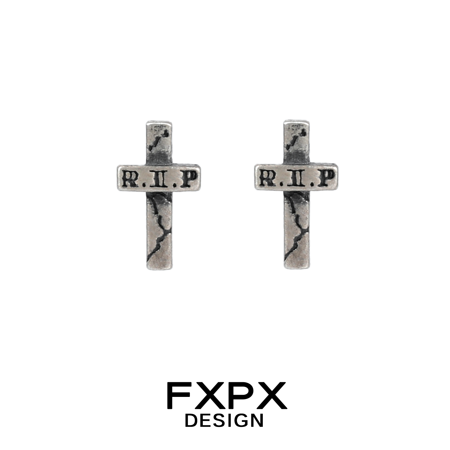 FXPX Y2K punk cross earrings in silver with R.I.P engraving for a trendy statement look