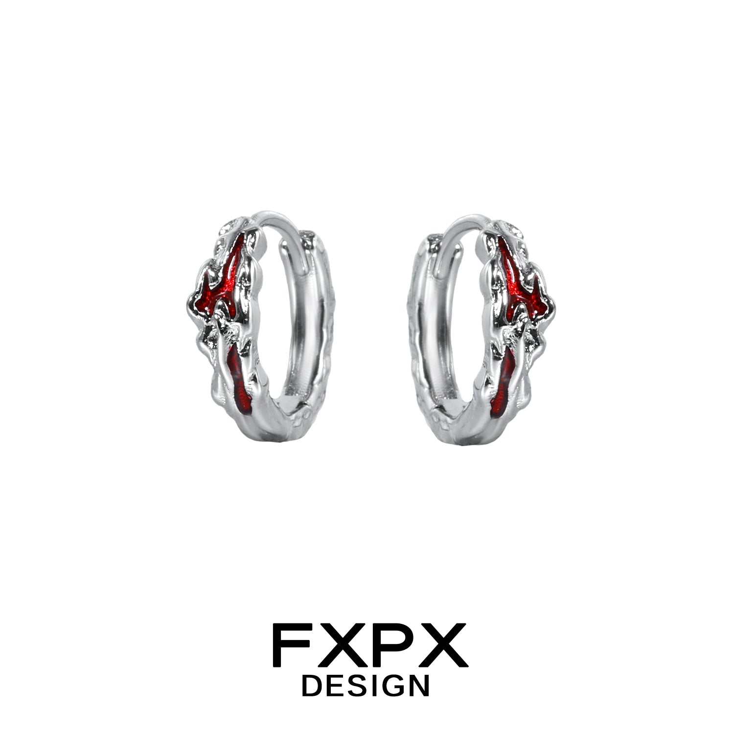 FXPX Y2K scarlet veil stud earrings with a unique twisted design in silver and red accents