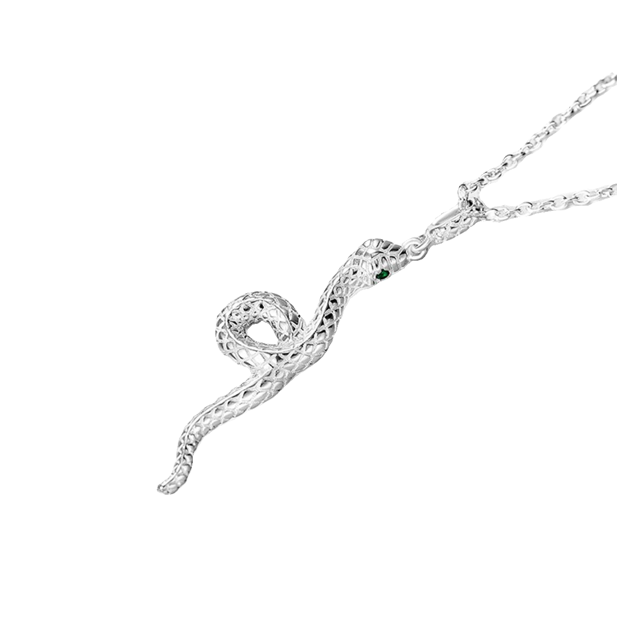 Y2K silver snake necklace featuring intricate details and green accent stone for a trendy look