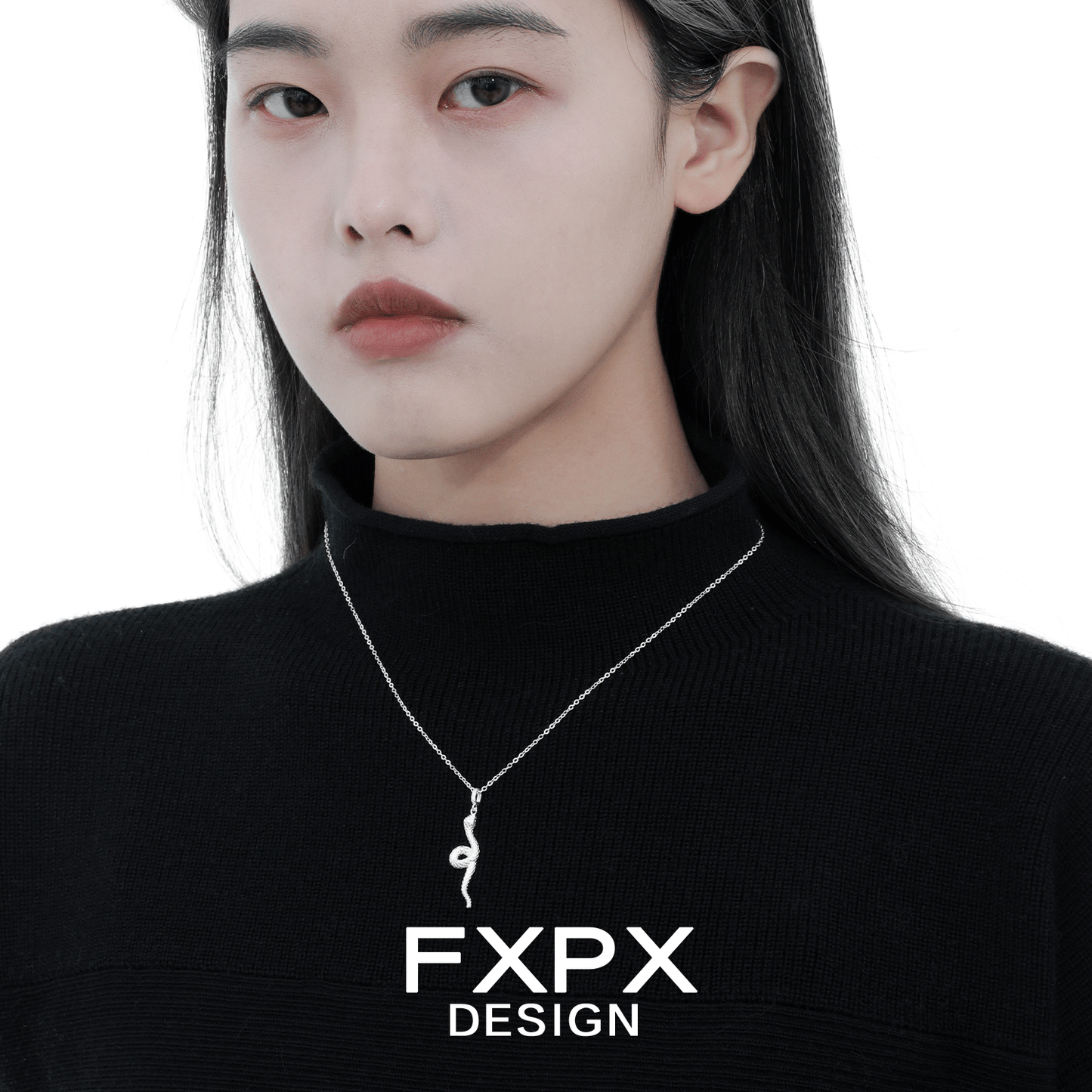 Model wearing Y2K silver snake necklace, showcasing its sleek design and modern aesthetic.