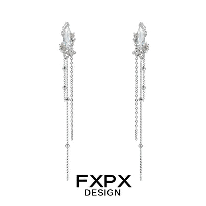 FXPX Y2K silver tassel earrings with shimmering crystal accents and elegant chain details