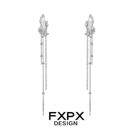 FXPX Y2K silver tassel earrings with shimmering crystal accents and elegant chain details