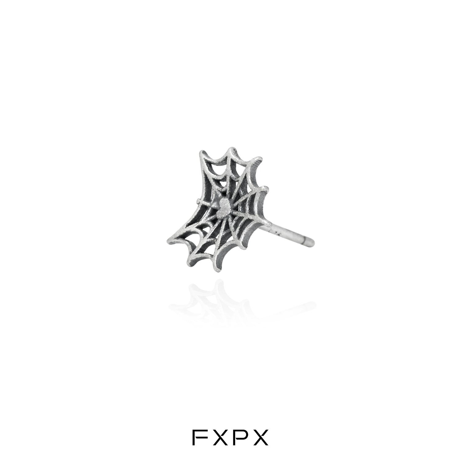 FXPX y2k spider web earrings in silver with intricate web design and stud backing